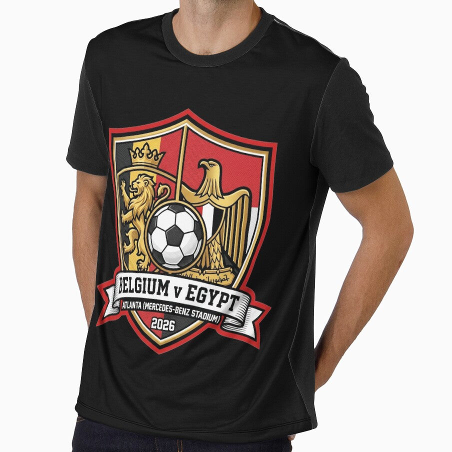 Belgium vs Egypt Atlanta 2026 Soccer Shield Emblem by Pride Emblem Prints Unisex T-shirt, Sweatshirt, Hoodie, Long Sleeve Tee - T-Shirt, Sweatshirt, Hoodie