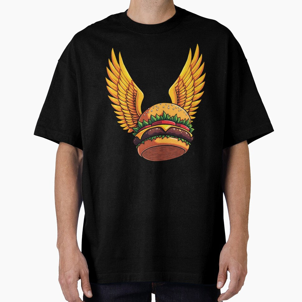 Flying Burger with Golden Wings: Magical Comic-Style Art by WAUZ Unisex T-shirt, Sweatshirt, Hoodie, Long Sleeve Tee - T-Shirt, Sweatshirt, Hoodie