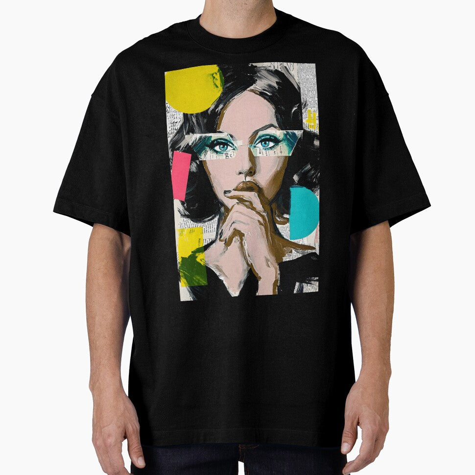 Explore Modern Expression with a Thoughtful Woman Amidst Vibrant Geometric Shapes by OlfactoART Studio - T-Shirt, Sweatshirt, Hoodie