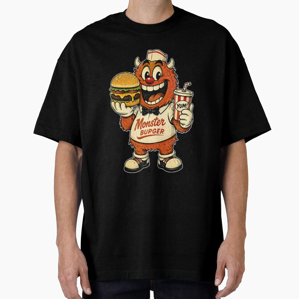 Retro Monster Burger Fast Food Mascot by aashcreat Unisex T-shirt, Sweatshirt, Hoodie, Long Sleeve Tee - T-Shirt, Sweatshirt, Hoodie