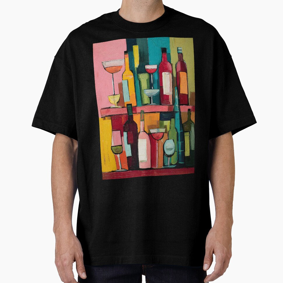 Geometric Wine Lounge - Vibrant Bottles and Glasses in Bold Abstract Bar Composition of Rich Colors by OlfactoART Studio - T-Shirt, Sweatshirt, Hoodie