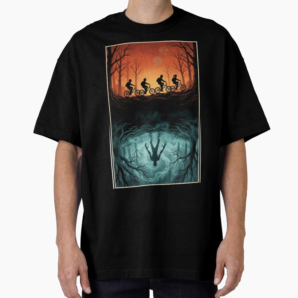 Retro Sci-Fi Forest Scene Kids on Bikes & Shadow Monster Reflection by RosetteArtists Unisex T-shirt, Sweatshirt, Hoodie, Long Sleeve Tee - T-Shirt, Sweatshirt, Hoodie