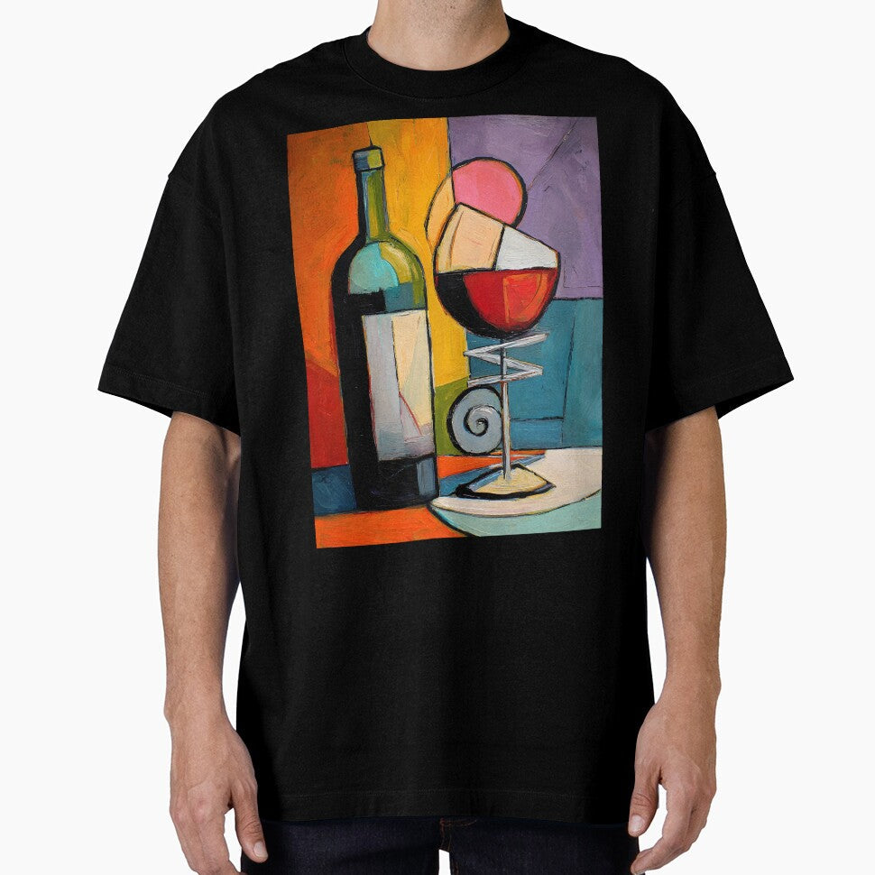 Cubist Wine Bottle and Glass - Bold Geometric Still Life with Vibrant Modern Color Composition by OlfactoART Studio - T-Shirt, Sweatshirt, Hoodie