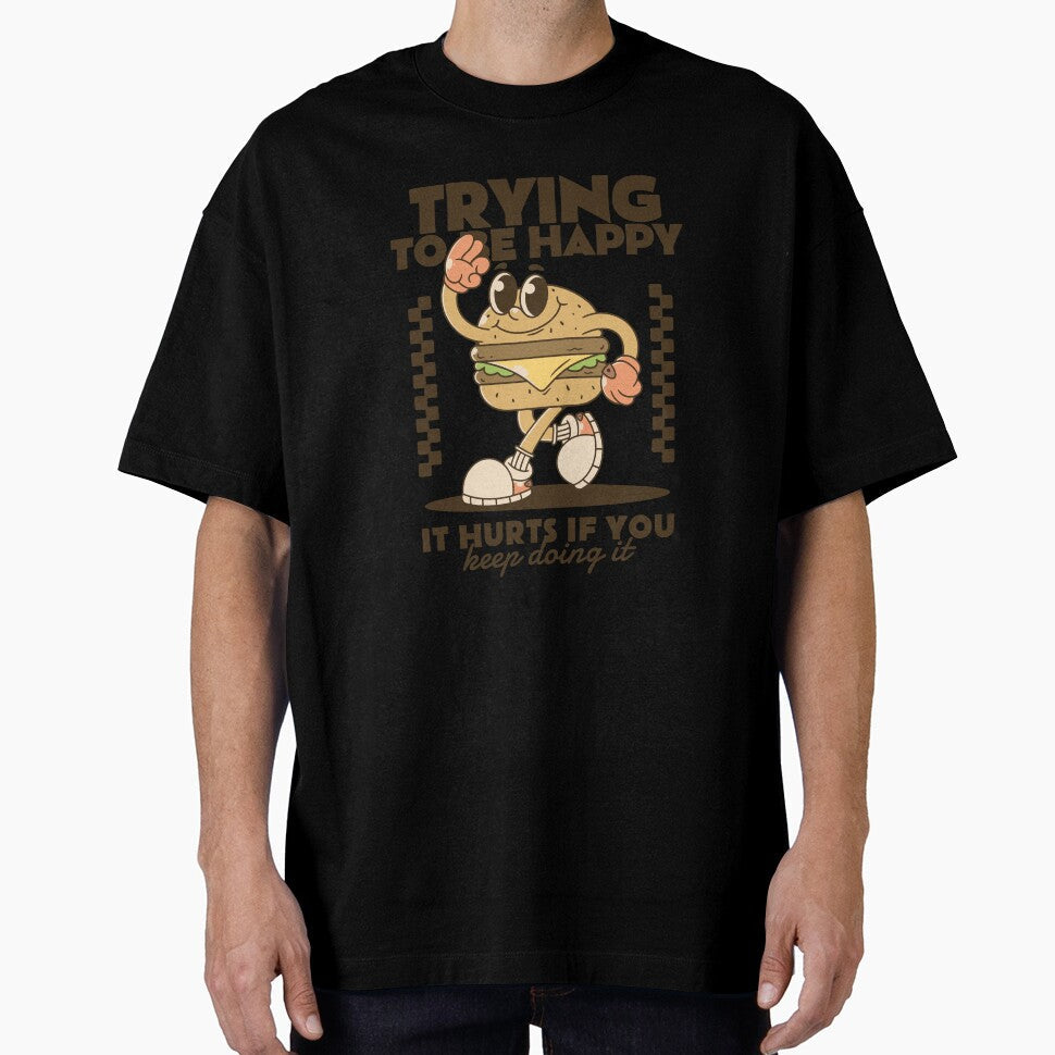 Trying to be happy. Burger mascot character by adipra Unisex T-shirt, Sweatshirt, Hoodie, Long Sleeve Tee - T-Shirt, Sweatshirt, Hoodie