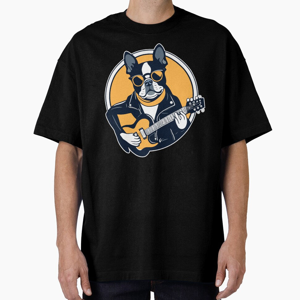 Boston Terrier Playing Guitar Wearing Sunglasses by Ameiva-Apparel Unisex T-shirt, Sweatshirt, Hoodie, Long Sleeve Tee - T-Shirt, Sweatshirt, Hoodie