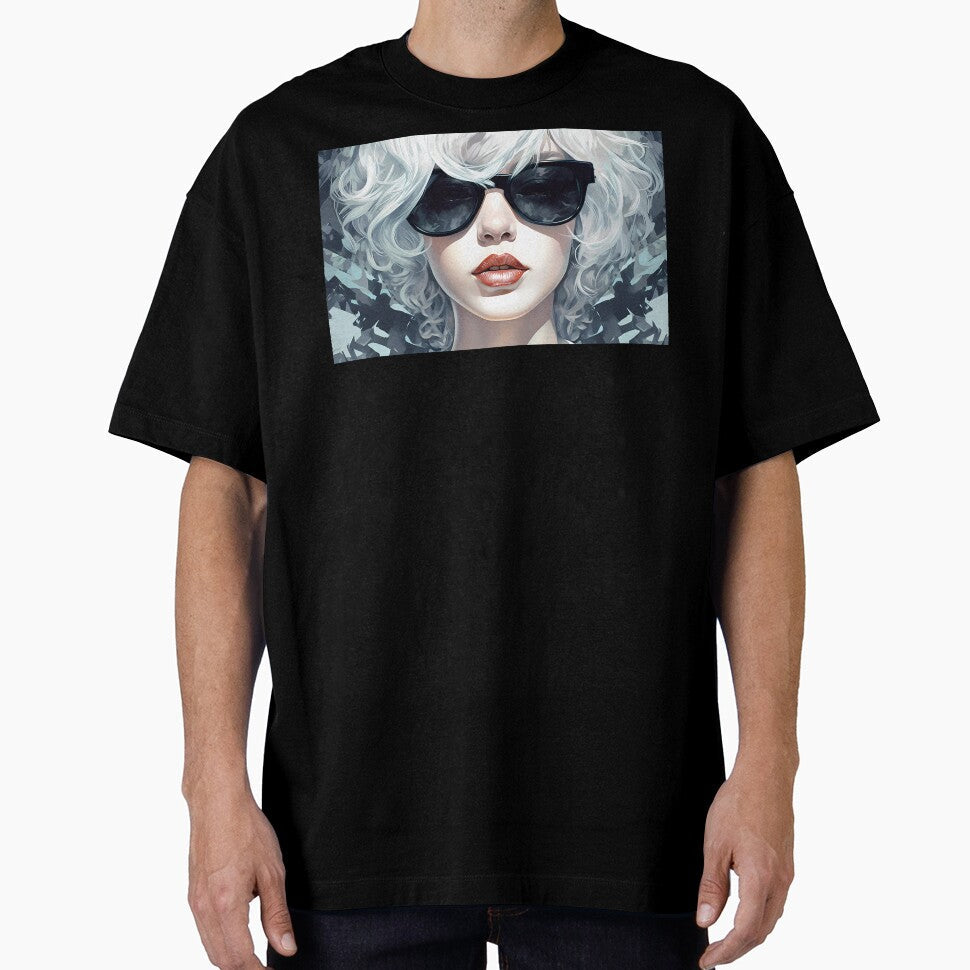 Portrait of a White Girl with Beautiful Lips and White Hair Wearing Huge Black Glasses by SingularityGeek - T-Shirt, Sweatshirt, Hoodie