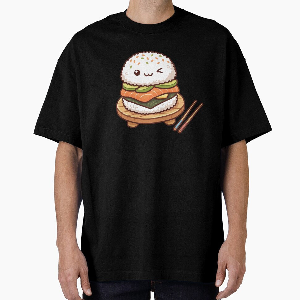 Cute Kawaii Sushi Burger with Salmon Avocado and Rice Buns by Mochii-studio Unisex T-shirt, Sweatshirt, Hoodie, Long Sleeve Tee - T-Shirt, Sweatshirt, Hoodie