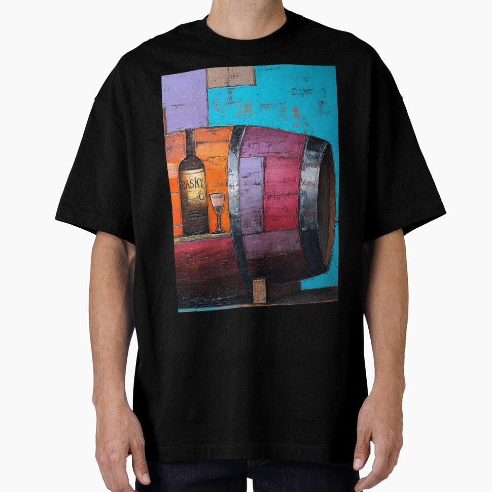 Vibrant Wine Barrel - Geometric Composition with Bold Blocks of Red, Blue, Purple, and Yellow by OlfactoART Studio - T-Shirt, Sweatshirt, Hoodie
