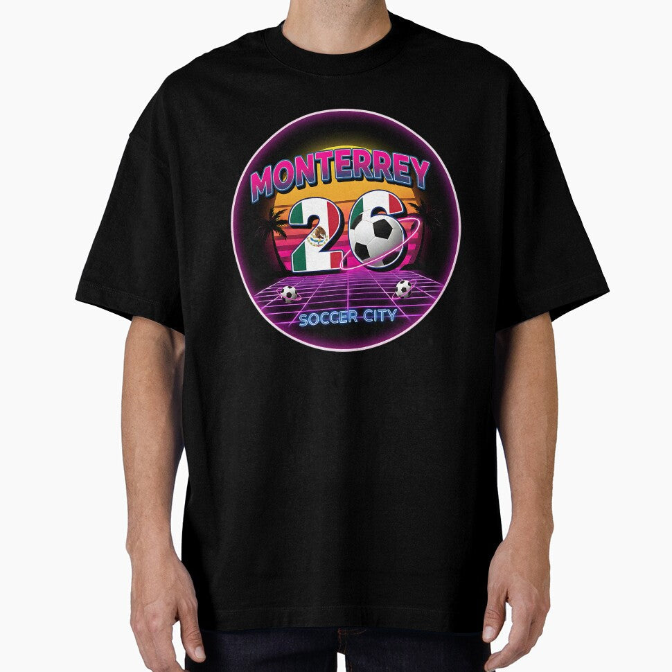 Monterrey 2026 Retro Synthwave Soccer City Logo by Silent Watch Threads. Unisex T-shirt, Sweatshirt, Hoodie, Long Sleeve Tee - T-Shirt, Sweatshirt, Hoodie