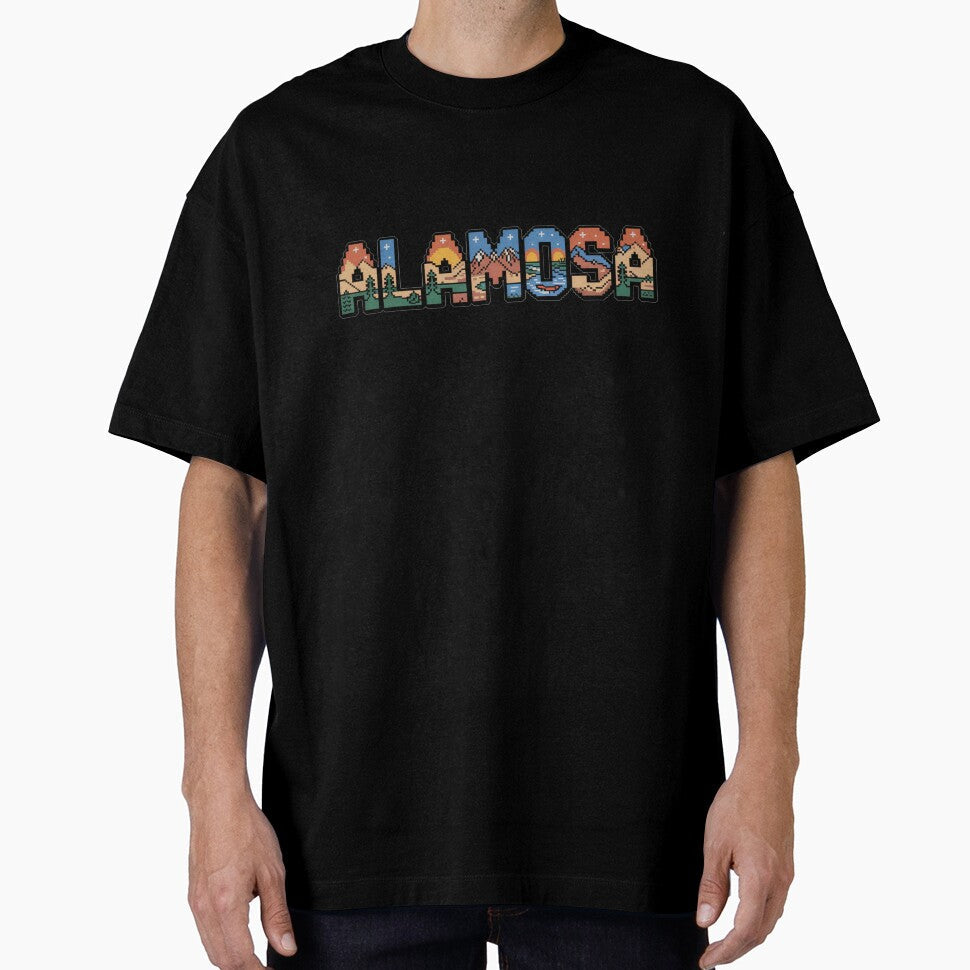 Alamosa Pixel Art Typography  Scenic 8-Bit Letters with Mountains, Pines & Sunset by CircinusStore - T-Shirt, Sweatshirt, Hoodie