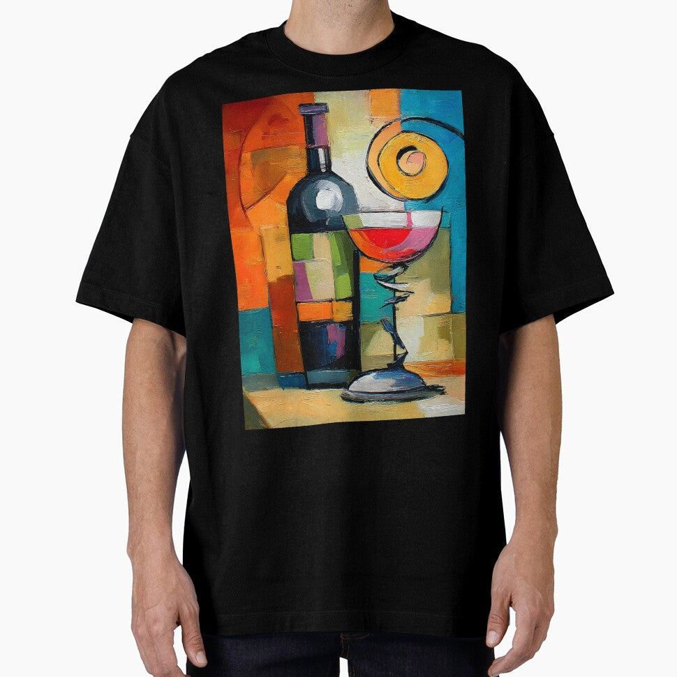 Geometric Wine Expression - Bold Abstract Bottle and Glass in a Symphony of Color and Modern Form by OlfactoART Studio - T-Shirt, Sweatshirt, Hoodie