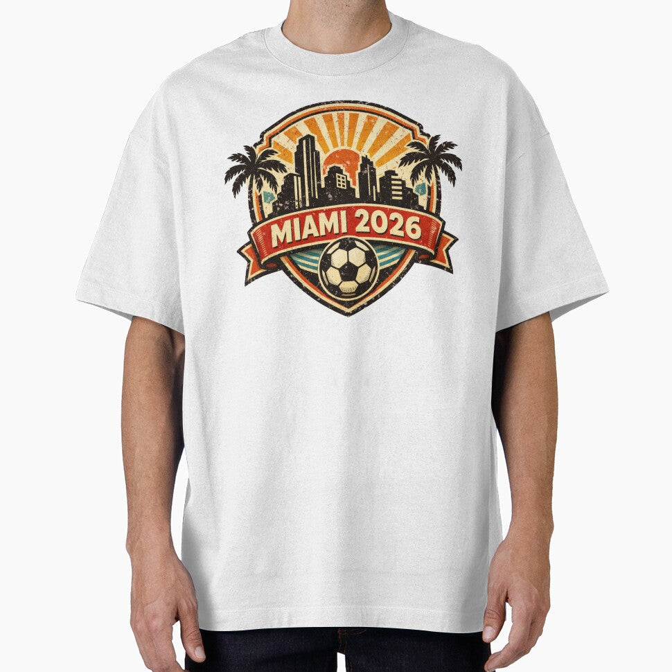 Miami 2026 World Cup Host City Sunset Vintage Football Badge  Orange Skyline Soccer Crest by BrickByDream - T-Shirt, Sweatshirt, Hoodie