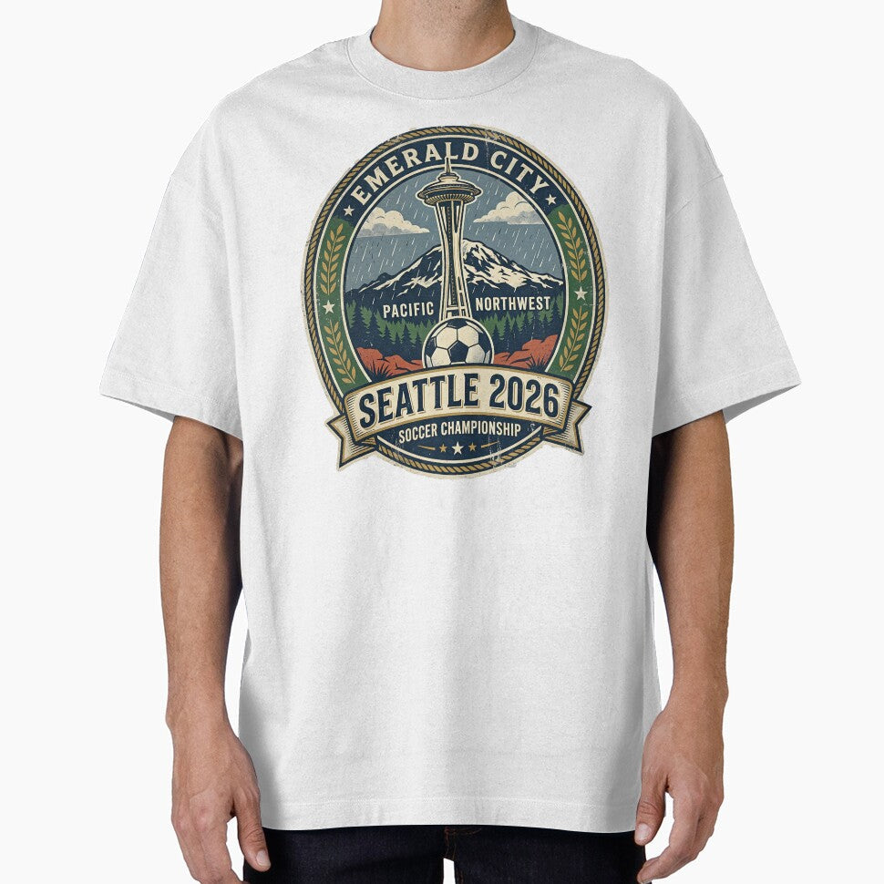 Seattle 2026 World Cup Host City Vintage Football Badge  Emerald City Space Needle Soccer by BrickByDream - T-Shirt, Sweatshirt, Hoodie