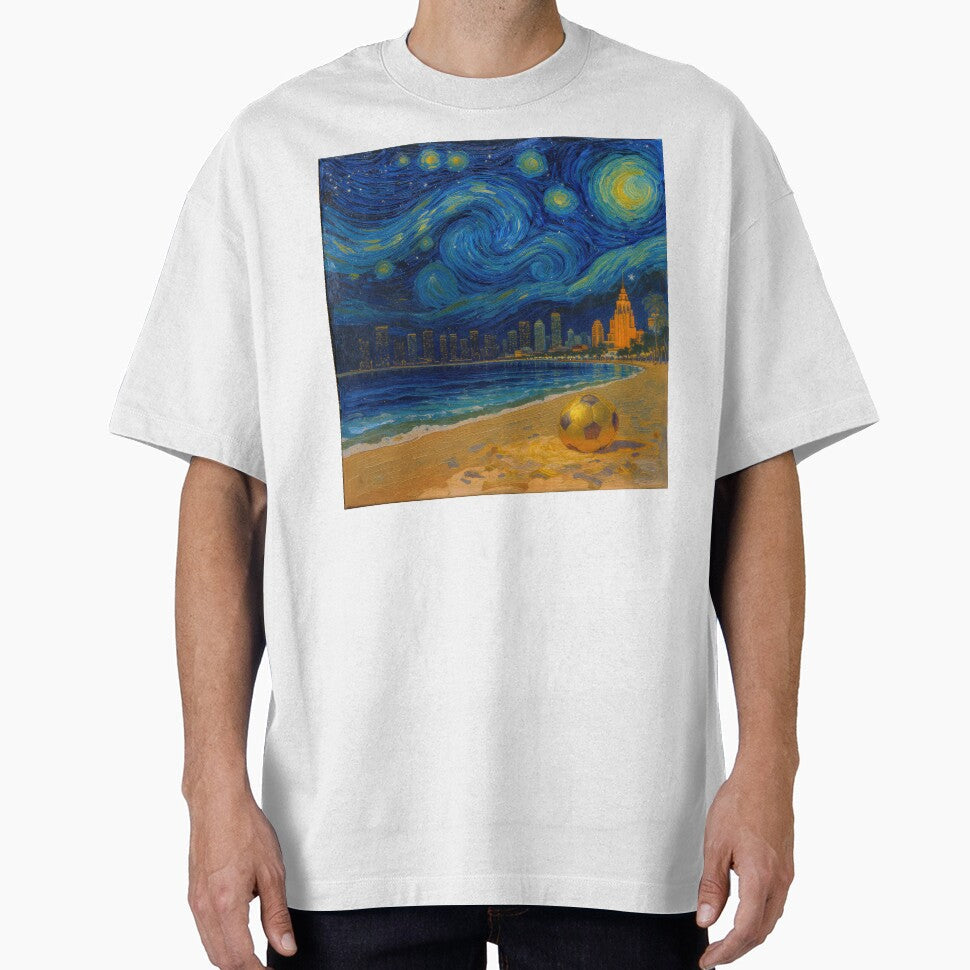 Golden Miami Starry Night Beach Soccer Fine Art Print Impasto Oil Painting by BrickByDream - T-Shirt, Sweatshirt, Hoodie