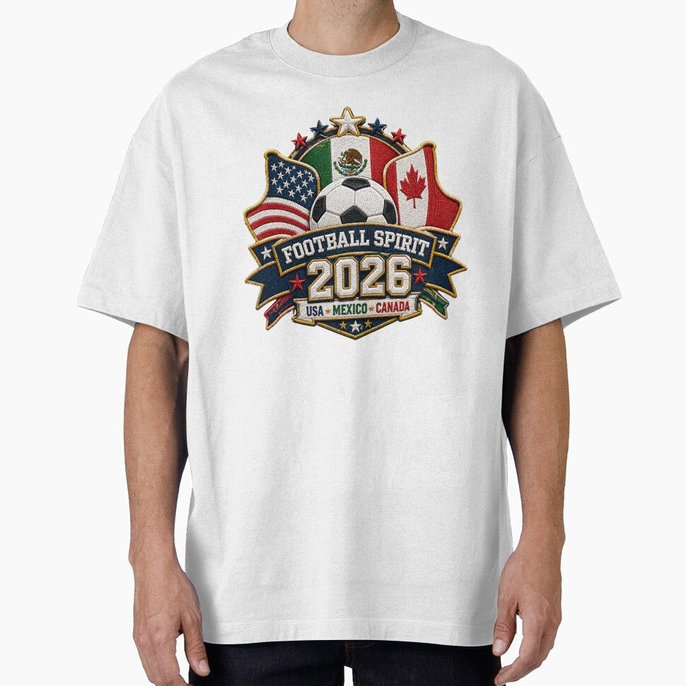 Football Spirit 2026 USA Mexico Canada Patch Design by emaga Unisex T-shirt, Sweatshirt, Hoodie, Long Sleeve Tee - T-Shirt, Sweatshirt, Hoodie