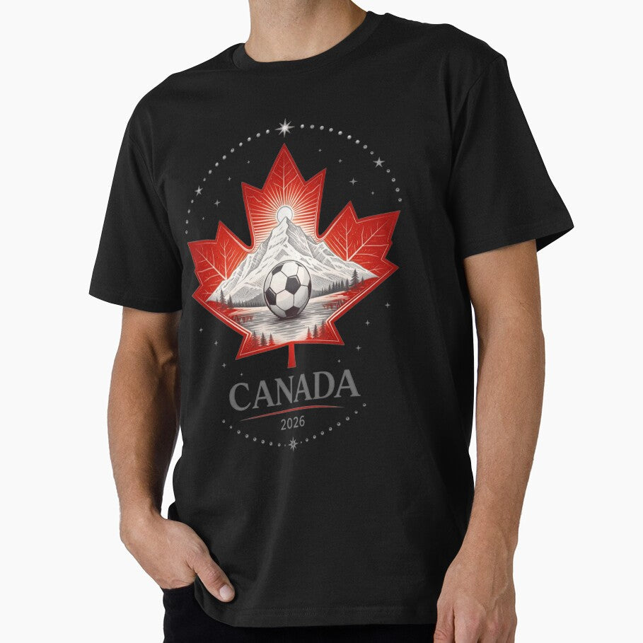 Canada Soccer Fan 2026  Maple Leaf Football Mountain Crest by Inner Flame Studio Unisex T-shirt, Sweatshirt, Hoodie, Long Sleeve Tee - T-Shirt, Sweatshirt, Hoodie