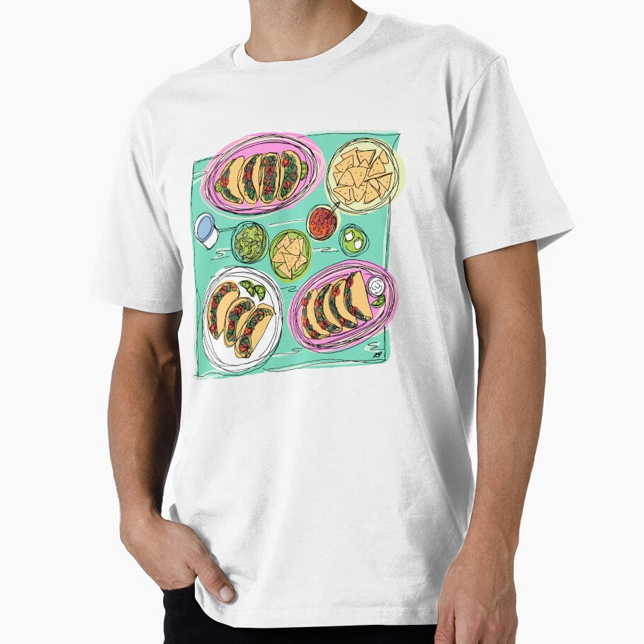 Taco Dinner Table Scene Line Art by Evil B Creative Unisex T-shirt, Sweatshirt, Hoodie, Long Sleeve Tee - T-Shirt, Sweatshirt, Hoodie