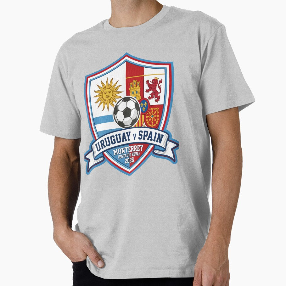 Uruguay Versus Spain Soccer Match Monterrey 2026 Crest by Pride Emblem Prints Unisex T-shirt, Sweatshirt, Hoodie, Long Sleeve Tee - T-Shirt, Sweatshirt, Hoodie