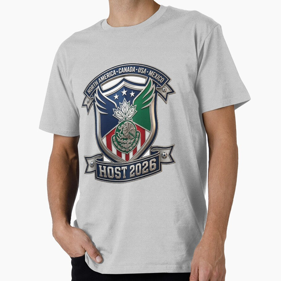 North America Soccer Host 2026 Metallic Emblem Shield by Pride Emblem Prints Unisex T-shirt, Sweatshirt, Hoodie, Long Sleeve Tee - T-Shirt, Sweatshirt, Hoodie