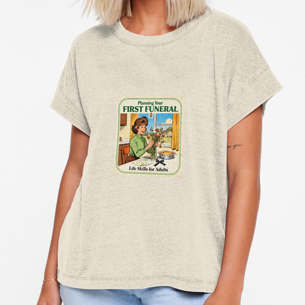 First Funeral Dark Humor - Retro 70s Parody Art by PictorialWhimsy Unisex T-shirt, Sweatshirt, Hoodie, Long Sleeve Tee - T-Shirt, Sweatshirt, Hoodie