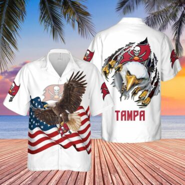 Tampa Bay Buccaneers Eagle American Flag Hawaiian Shirt Unisex T-shirt, Sweatshirt, Hoodie, Long Sleeve Tee - T-Shirt, Sweatshirt, Hoodie