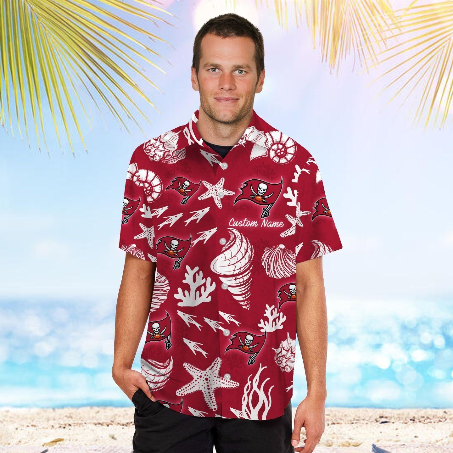 Tampa Bay Buccaneers Name Personalized Short Sleeve Button Up Tropical Hawaiian Shirt Unisex T-shirt, Sweatshirt, Hoodie, Long Sleeve Tee - T-Shirt, Sweatshirt, Hoodie
