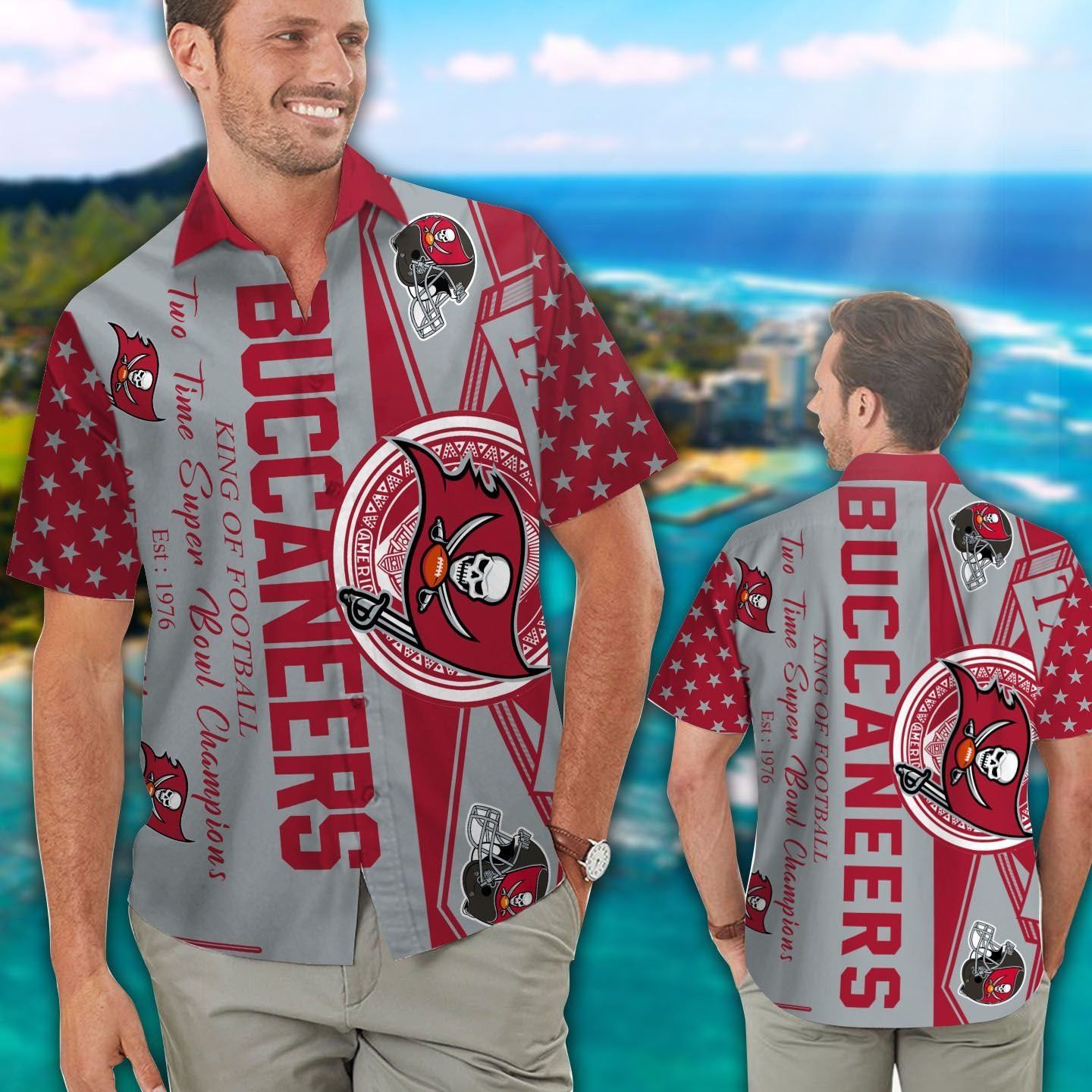 Tampa Bay Buccaneers Short Sleeve Button Up Tropical Hawaiian Shirt VER027 Unisex T-shirt, Sweatshirt, Hoodie, Long Sleeve Tee - T-Shirt, Sweatshirt, Hoodie