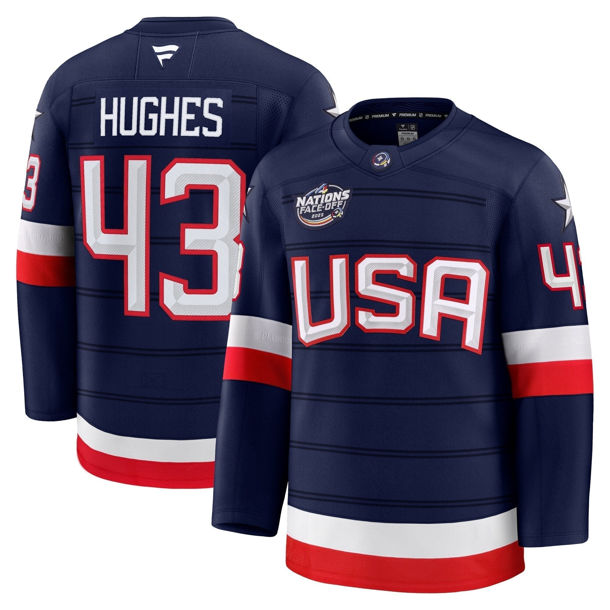 Quinn Hughes USA 2025 4 Nations Face-Off Premium Jersey - Navy sports jersey product view 1