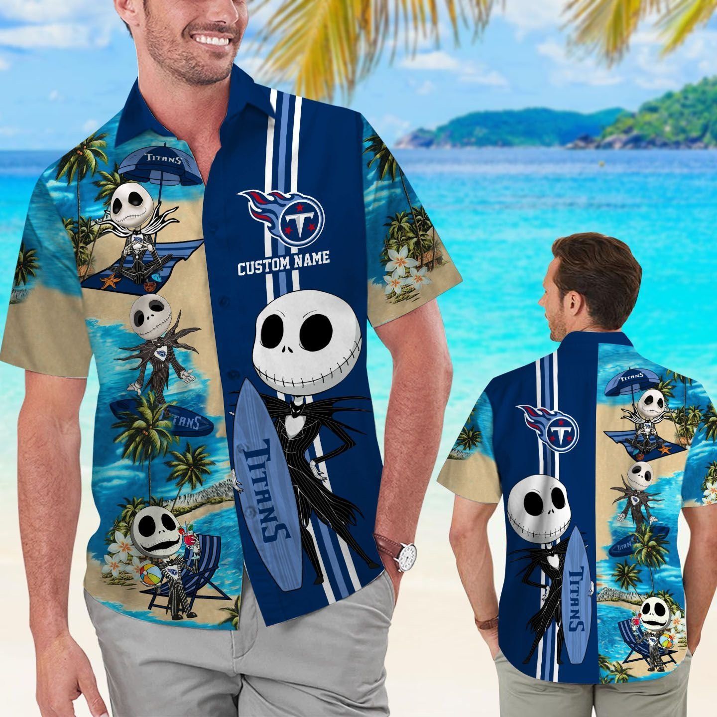 Tennessee Titans Jack Skellington Hawaiian Short Sleeve Tropical Shirt Unisex T-shirt, Sweatshirt, Hoodie, Long Sleeve Tee - T-Shirt, Sweatshirt, Hoodie