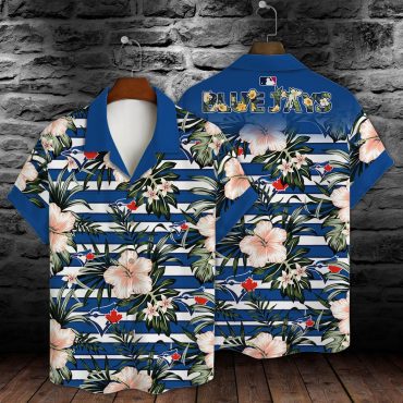 Toronto Blue Jays Hibiscus Stripes Hawaiian Shirt Unisex T-shirt, Sweatshirt, Hoodie, Long Sleeve Tee - T-Shirt, Sweatshirt, Hoodie