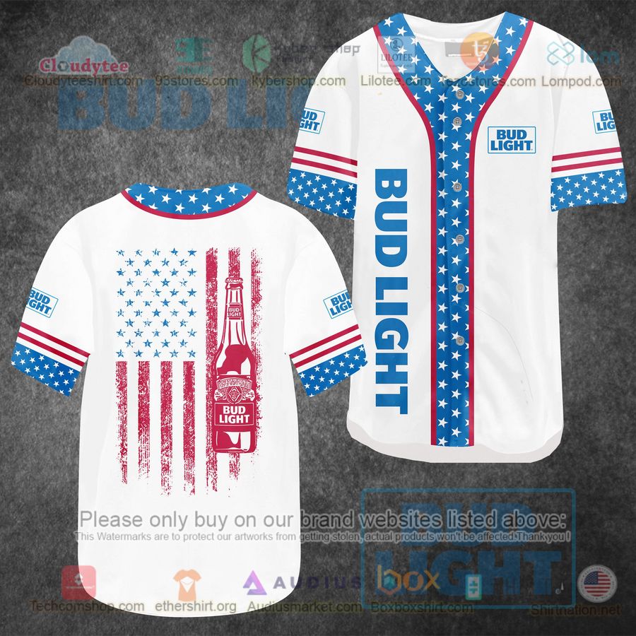 HOT United States Flag Bud Light white Baseball Jersey Shirt Unisex T-shirt, Sweatshirt, Hoodie, Long Sleeve Tee - T-Shirt, Sweatshirt, Hoodie