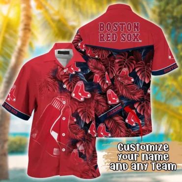 Boston Red Sox Custom Leaf Pattern Hawaiian Shirt Unisex T-shirt, Sweatshirt, Hoodie, Long Sleeve Tee - T-Shirt, Sweatshirt, Hoodie