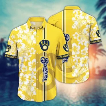 Milwaukee Brewers Tropical Hibiscus Hawaiian Shirt Unisex T-shirt, Sweatshirt, Hoodie, Long Sleeve Tee - T-Shirt, Sweatshirt, Hoodie