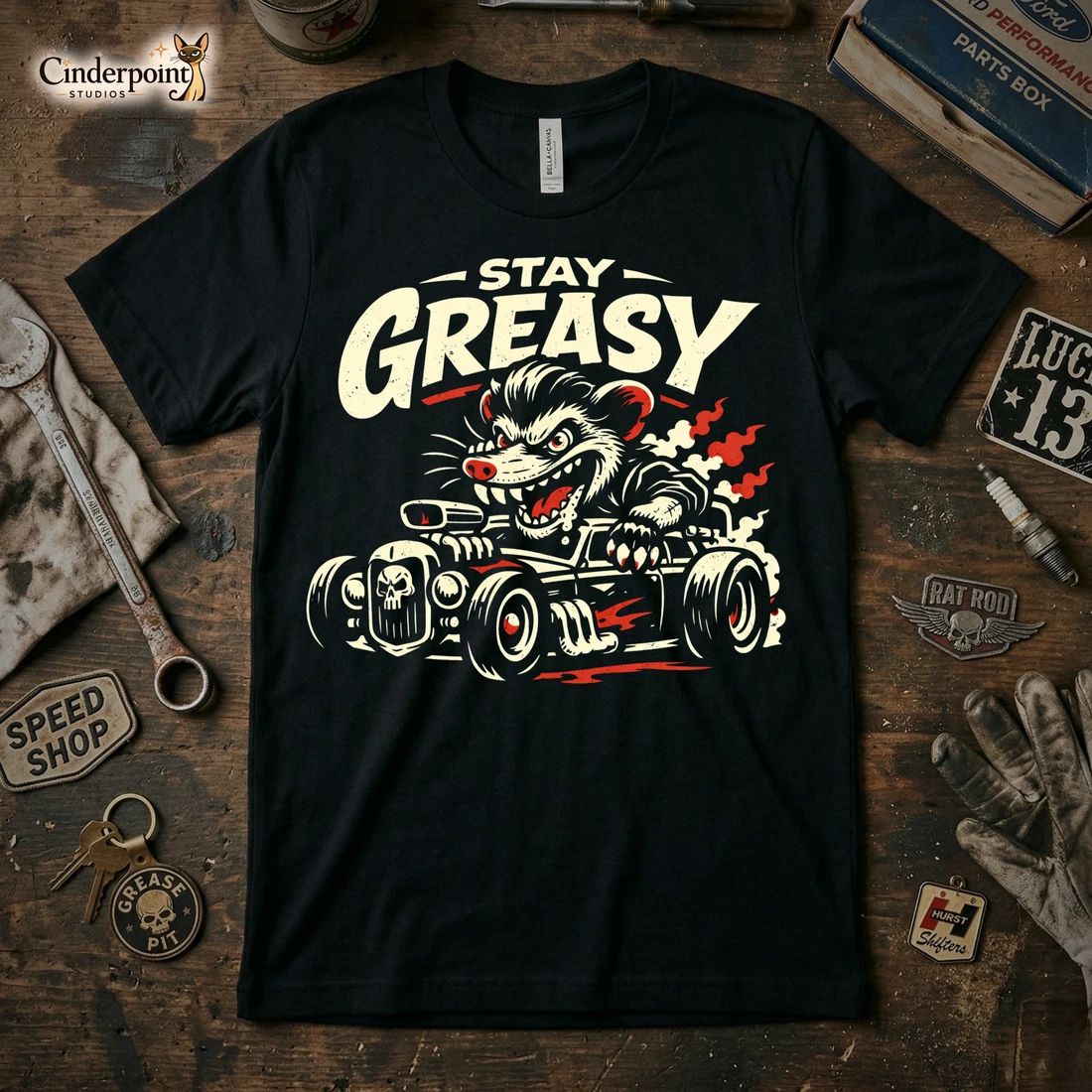 Stay Greasy T-Shirt Rat Rod Possum Lowbrow Art Graphic Tee Hot Rod Garage XS-5X Unisex T-shirt, Sweatshirt, Hoodie, Long Sleeve Tee - T-Shirt, Sweatshirt, Hoodie