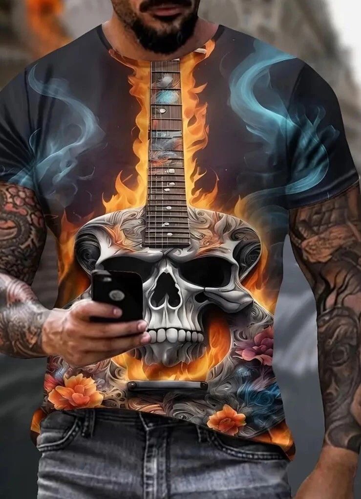 Men's 48" Skelton Skull Guitar Flames Graphic Print T-Shirt New XXL Free Ship Unisex T-shirt, Sweatshirt, Hoodie, Long Sleeve Tee - T-Shirt, Sweatshirt, Hoodie