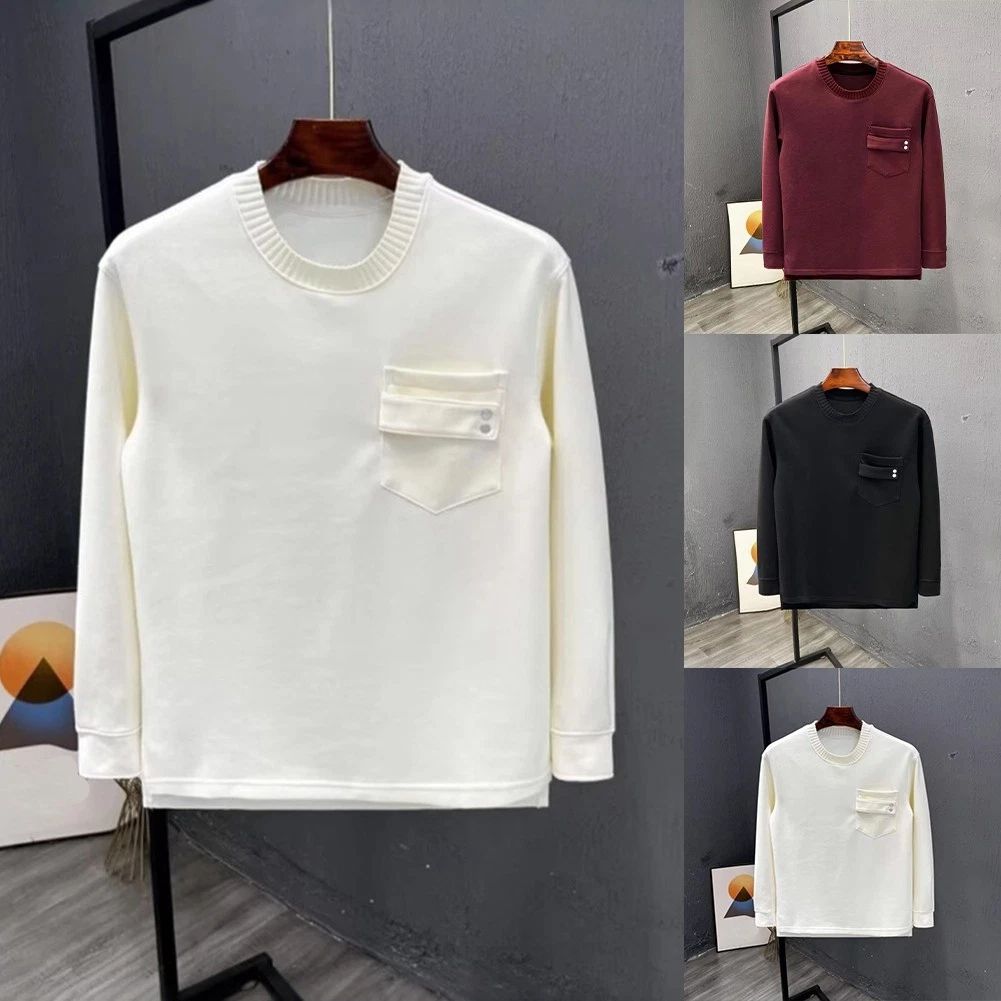 Mens Daily Wear Long Sleeve Pocket Splicing Tee Solid Color Round Neck Top Unisex T-shirt, Sweatshirt, Hoodie, Long Sleeve Tee - T-Shirt, Sweatshirt, Hoodie