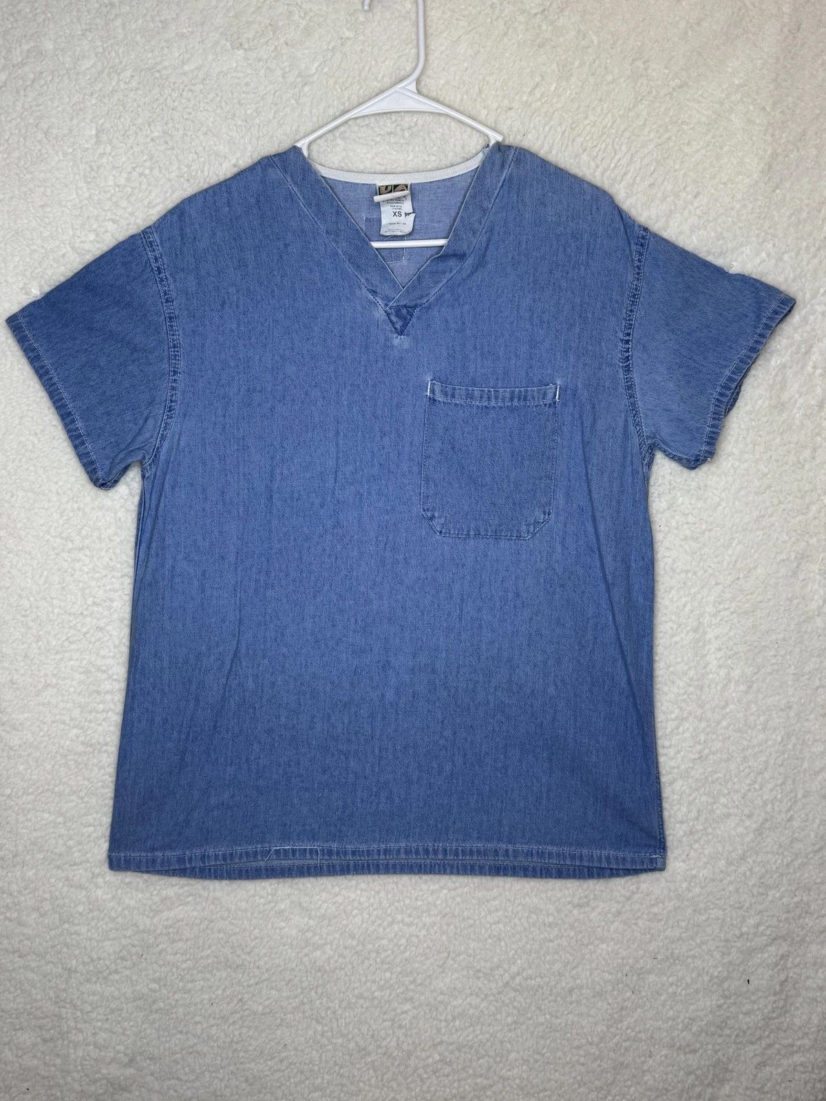 UA Scrubs Shirt Mens XS Blue Denim Cotton Pocket Medical Uniform V Neck Vintage Unisex T-shirt, Sweatshirt, Hoodie, Long Sleeve Tee - T-Shirt, Sweatshirt, Hoodie