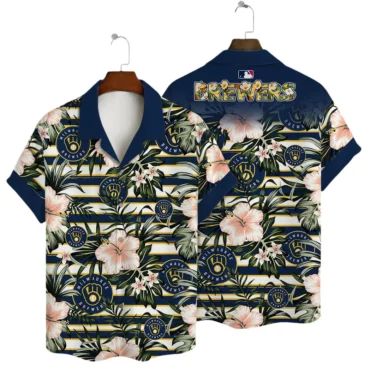 Milwaukee Brewers Tropical Stripes Hawaiian Shirt Unisex T-shirt, Sweatshirt, Hoodie, Long Sleeve Tee - T-Shirt, Sweatshirt, Hoodie