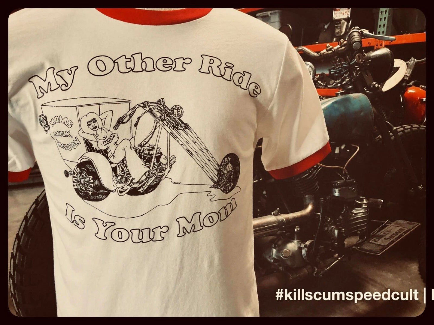 My Other Ride Is Your Mom black & red 50 50 poly cotton blend biker 70's tee vtg Unisex T-shirt, Sweatshirt, Hoodie, Long Sleeve Tee - T-Shirt, Sweatshirt, Hoodie