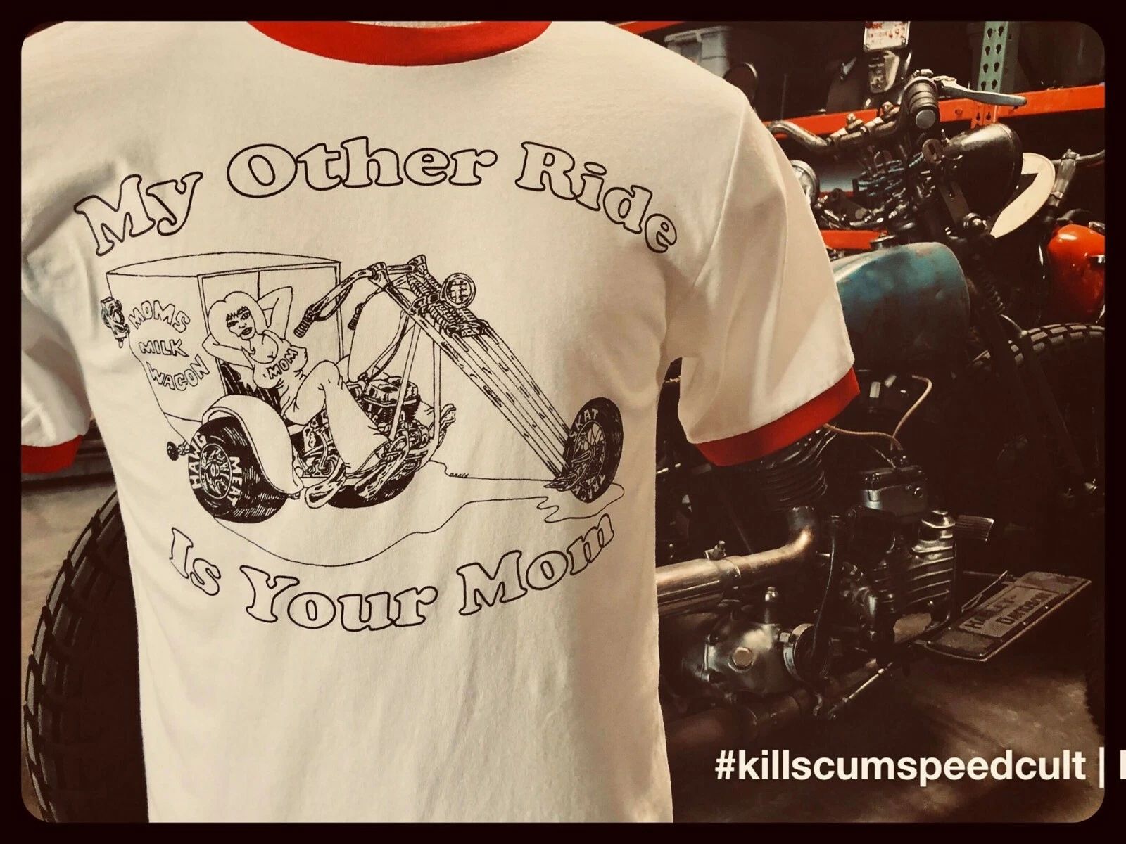 My Other Ride Is Your Mom black & red 50 50 poly cotton blend biker 70's tee vtg Unisex T-shirt, Sweatshirt, Hoodie, Long Sleeve Tee - T-Shirt, Sweatshirt, Hoodie