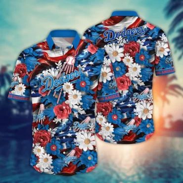 Los Angeles Dodgers Patriotic Floral Hawaiian Shirt Unisex T-shirt, Sweatshirt, Hoodie, Long Sleeve Tee - T-Shirt, Sweatshirt, Hoodie