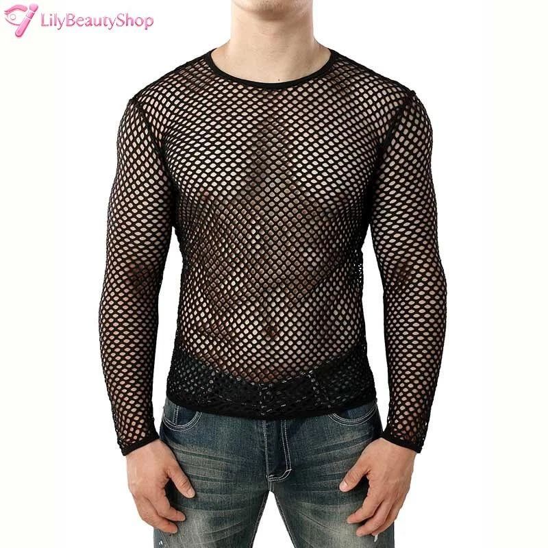 Fashion Men's Fishnet Sheer Tops Long Sleeve See Through Punk Tee Shirt Clubwear Unisex T-shirt, Sweatshirt, Hoodie, Long Sleeve Tee - T-Shirt, Sweatshirt, Hoodie