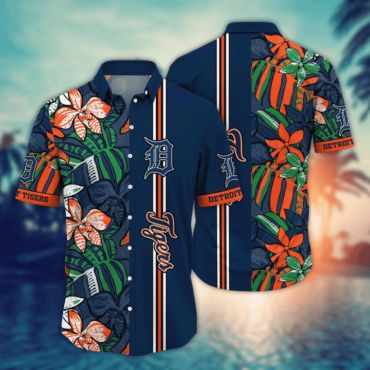 Detroit Tigers Tropical Stripe Hawaiian Shirt Unisex T-shirt, Sweatshirt, Hoodie, Long Sleeve Tee - T-Shirt, Sweatshirt, Hoodie