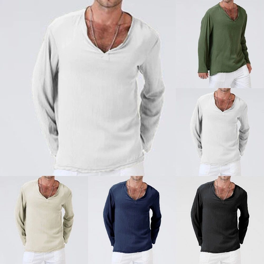 Long Sleeve V Neck Cotton T Shirts for Men Casual Breathable Simple Style Unisex T-shirt, Sweatshirt, Hoodie, Long Sleeve Tee - T-Shirt, Sweatshirt, Hoodie