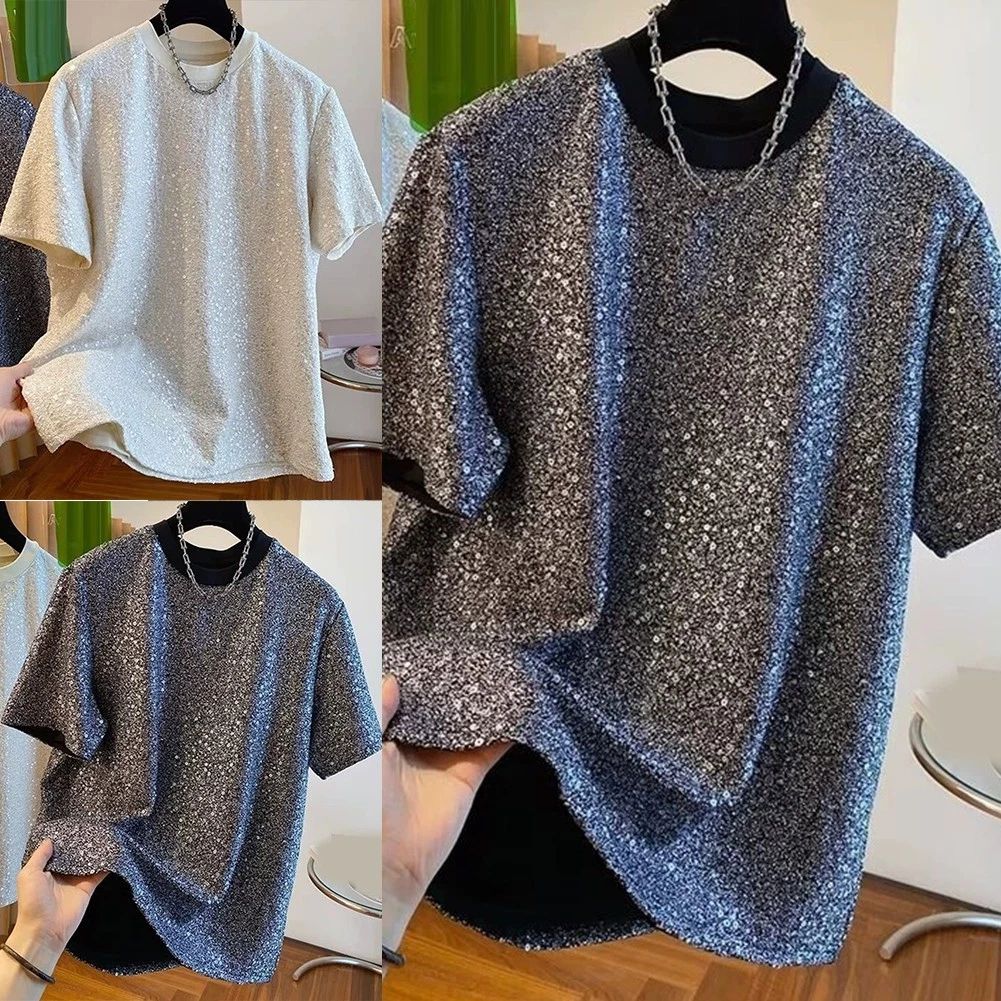 Stylish Mens Loose Fit Short Sleeve T Shirt with Sequins for Summer Casual Wear Unisex T-shirt, Sweatshirt, Hoodie, Long Sleeve Tee - T-Shirt, Sweatshirt, Hoodie