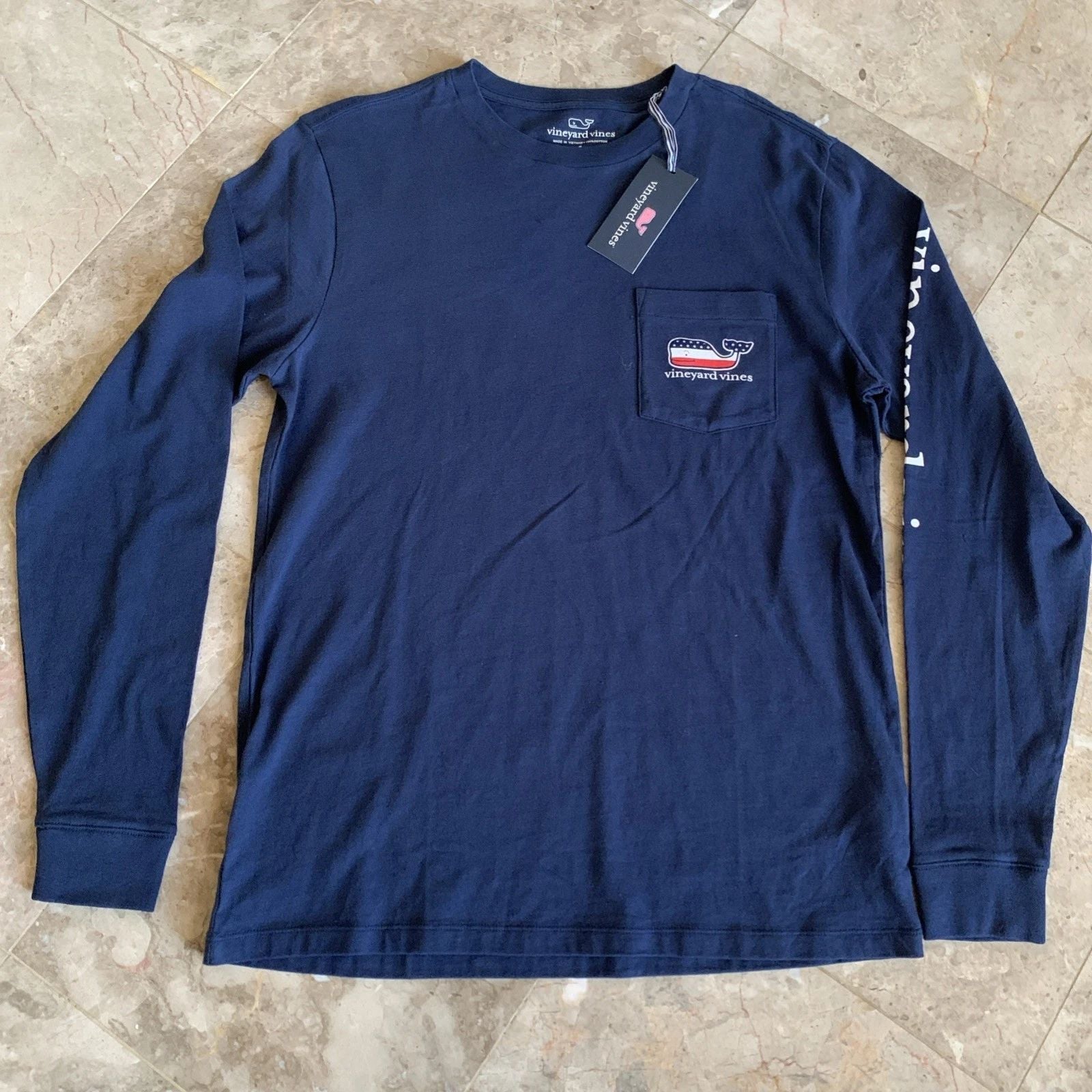 Vineyard Vines Mens Flag Whale Long Sleeve Pocket T-shirt Navy Blue Cotton NWT Unisex T-shirt, Sweatshirt, Hoodie, Long Sleeve Tee - T-Shirt, Sweatshirt, Hoodie