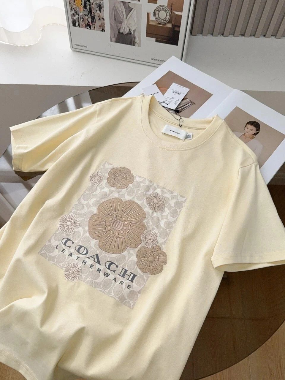NWT COACH Womens Signature White camellia beige T-shirt COTTON Reprint sale hot Unisex T-shirt, Sweatshirt, Hoodie, Long Sleeve Tee - T-Shirt, Sweatshirt, Hoodie