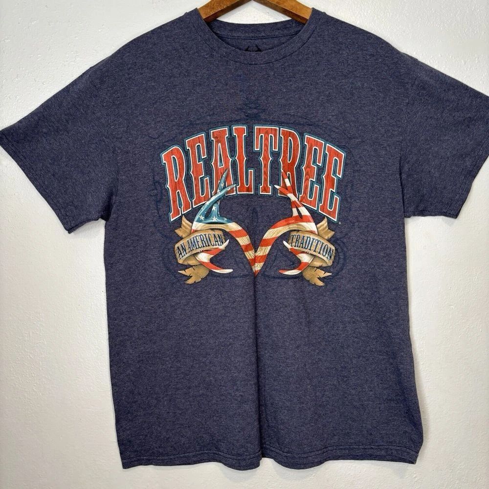 Realtree Mens Top Blue L  Pullover Short Sleeve An American Tradition Logo Tee Unisex T-shirt, Sweatshirt, Hoodie, Long Sleeve Tee - T-Shirt, Sweatshirt, Hoodie