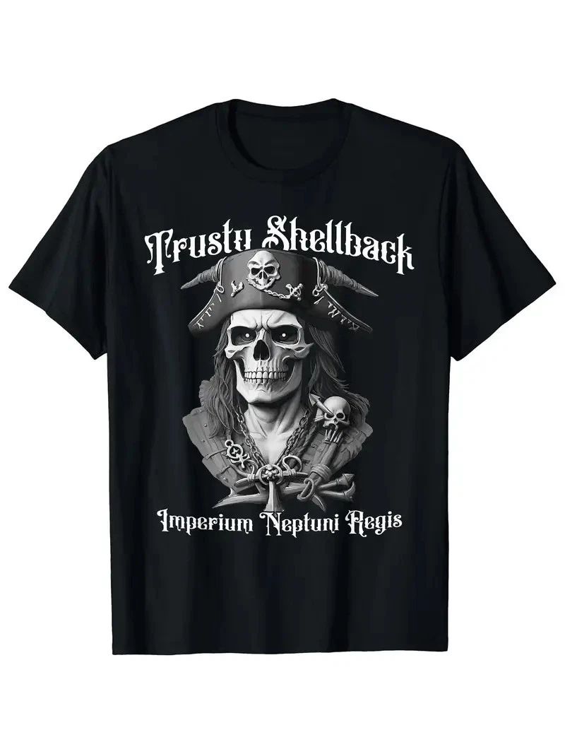 180g 100% Cotton Crew Neck T-Shirt with Pirate Skull Design, Single-Sided Print Unisex T-shirt, Sweatshirt, Hoodie, Long Sleeve Tee - T-Shirt, Sweatshirt, Hoodie
