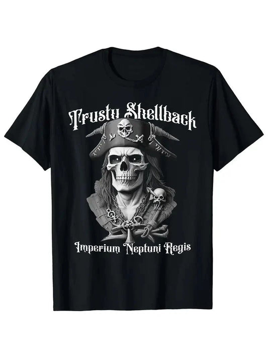 180g 100% Cotton Crew Neck T-Shirt with Pirate Skull Design, Single-Sided Print Unisex T-shirt, Sweatshirt, Hoodie, Long Sleeve Tee - T-Shirt, Sweatshirt, Hoodie